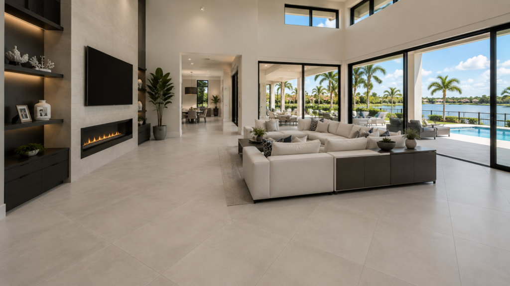 Luxury Florida living room featuring matte 24x48 porcelain tile flooring, modern fireplace, high ceilings, floor-to-ceiling glass doors, and premium interior finish by Harpy Enterprises.