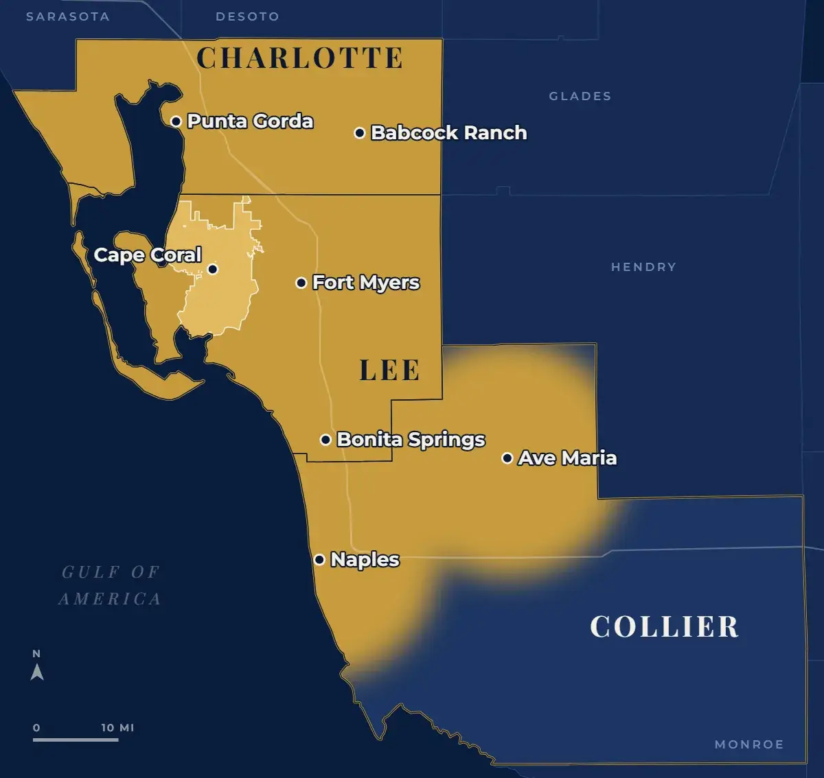 Illustrative service area map of Southwest Florida showing Harpy Enterprises coverage around Charlotte, Lee and western Collier Counties, including Cape Coral, Fort Myers, Bonita Springs, Naples, Punta Gorda, Ave Maria and Babcock Ranch.