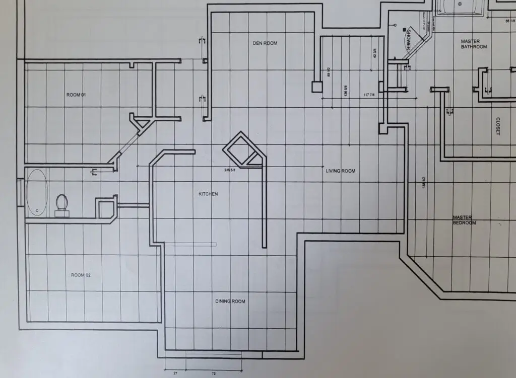 Floor plan drawing showing a planned 24x48 porcelain tile layout across several rooms of a Naples home