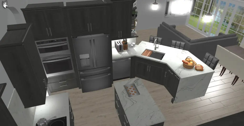 3D design rendering of a kitchen layout with dark cabinetry, a central island, and an angled sink peninsula