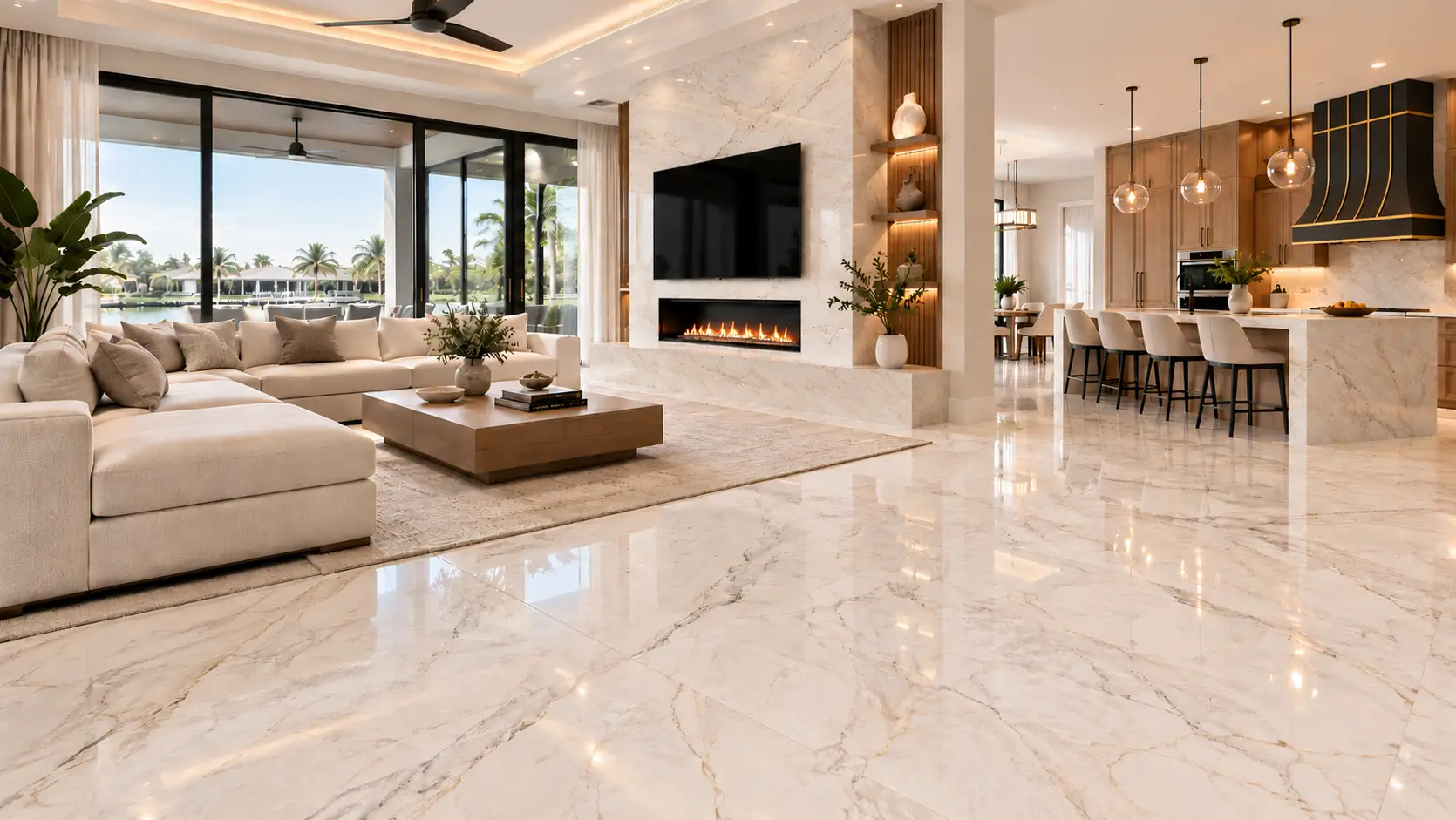 Luxury open-concept interior with large-format marble-look porcelain flooring, fireplace feature wall, custom cabinetry, wood hood and premium kitchen finishes.
